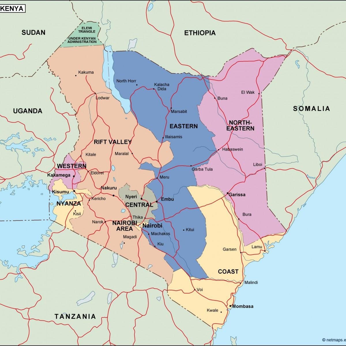 mapa Kenii pokazując rzek